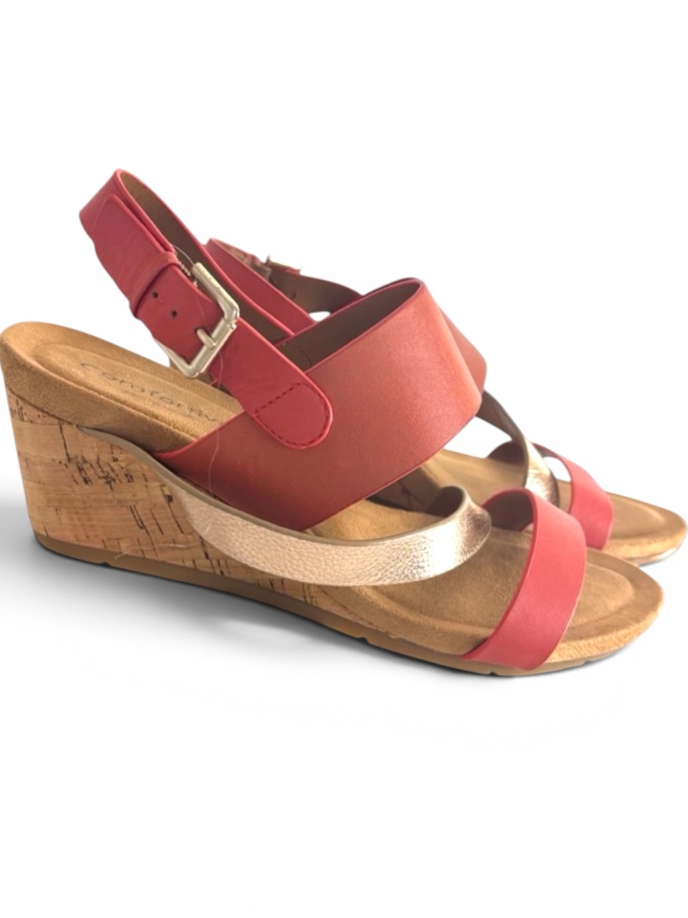 Comfortiva Vail Leather Wedge Sandal Coral Gold Cork Platform Size 9.5 NWOT